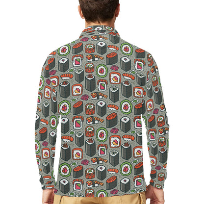 Sushi Print Design LKS301 Long Sleeve Polo Shirt For Men's