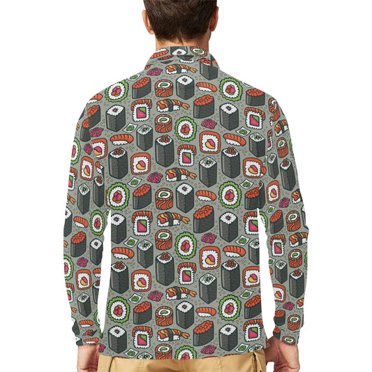 Sushi Print Design LKS301 Long Sleeve Polo Shirt For Men's