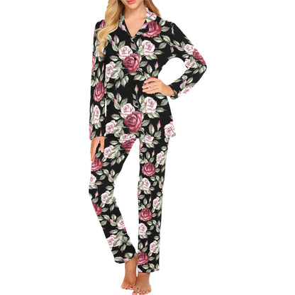 Rose Red Pink Pattern Print Design RO03 Women's Long Pajama Set