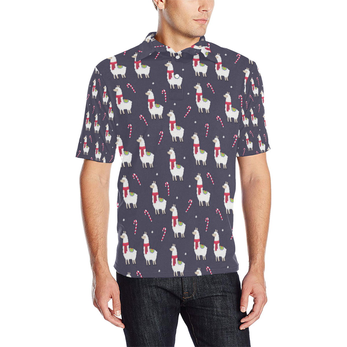 Llama with Candy Cane Themed Print Men Polo Shirt