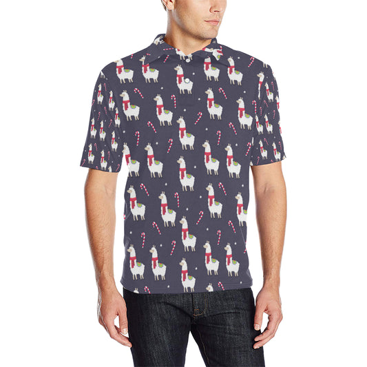 Llama with Candy Cane Themed Print Men Polo Shirt