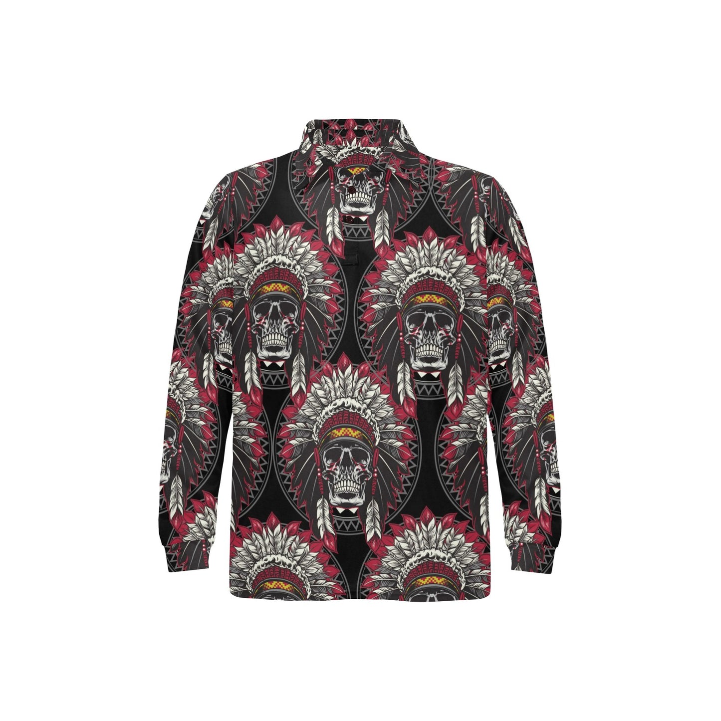 Native Indian Skull Long Sleeve Polo Shirt For Men's