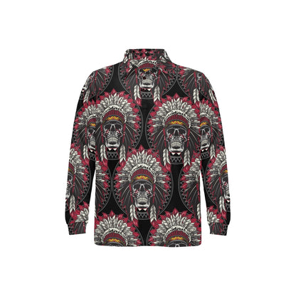 Native Indian Skull Long Sleeve Polo Shirt For Men's