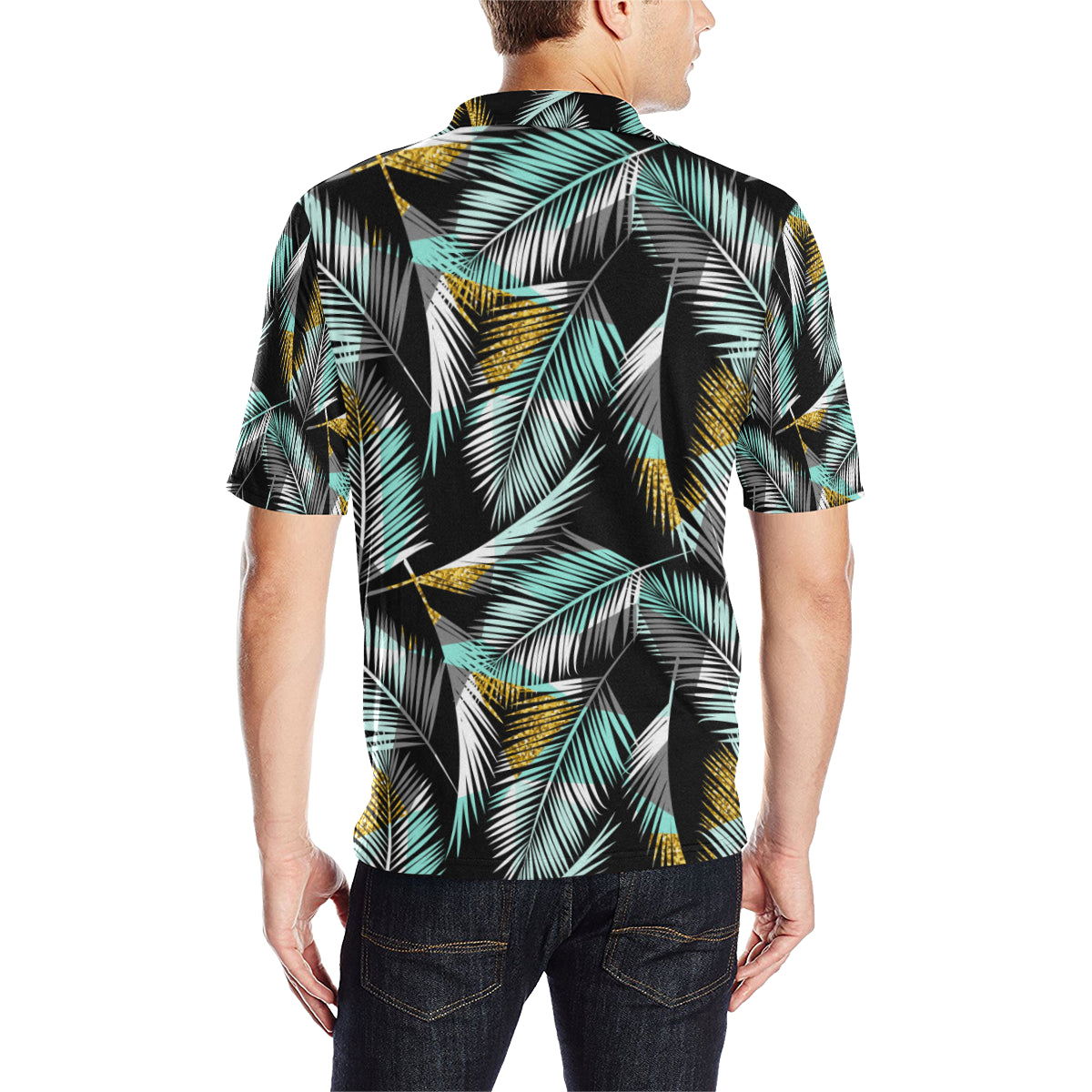 Gold Glitter Cyan Tropical Palm Leaves Men Polo Shirt