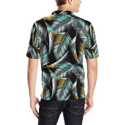 Gold Glitter Cyan Tropical Palm Leaves Men Polo Shirt