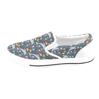 Underwater Dolphin Print Design LKS304 White Slip Ons Canvas Women's Shoes
