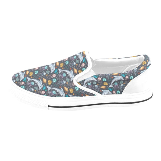 Underwater Dolphin Print Design LKS304 White Slip Ons Canvas Women's Shoes