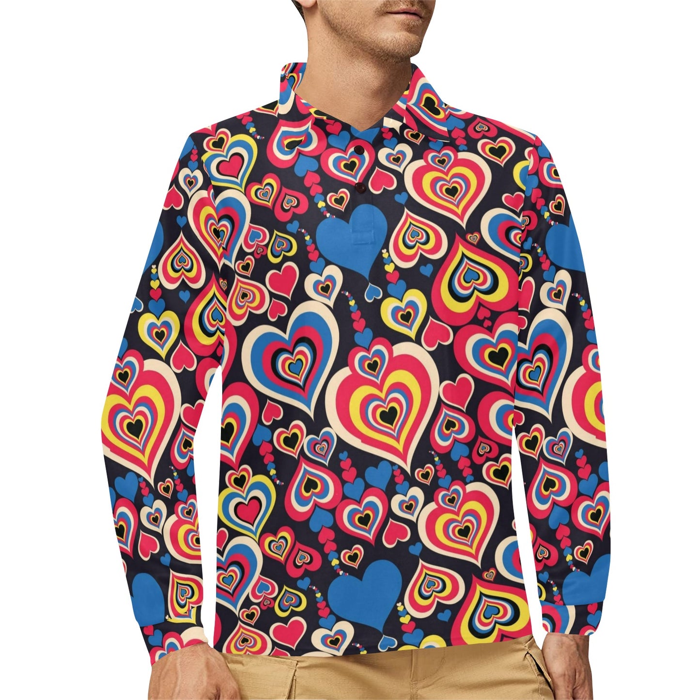 Heart Pattern Print Design HE08 Long Sleeve Polo Shirt For Men's