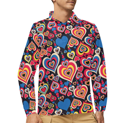 Heart Pattern Print Design HE08 Long Sleeve Polo Shirt For Men's