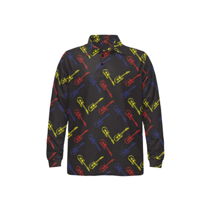 Electric Guitar Pattern Print Design 03 Long Sleeve Polo Shirt For Men's