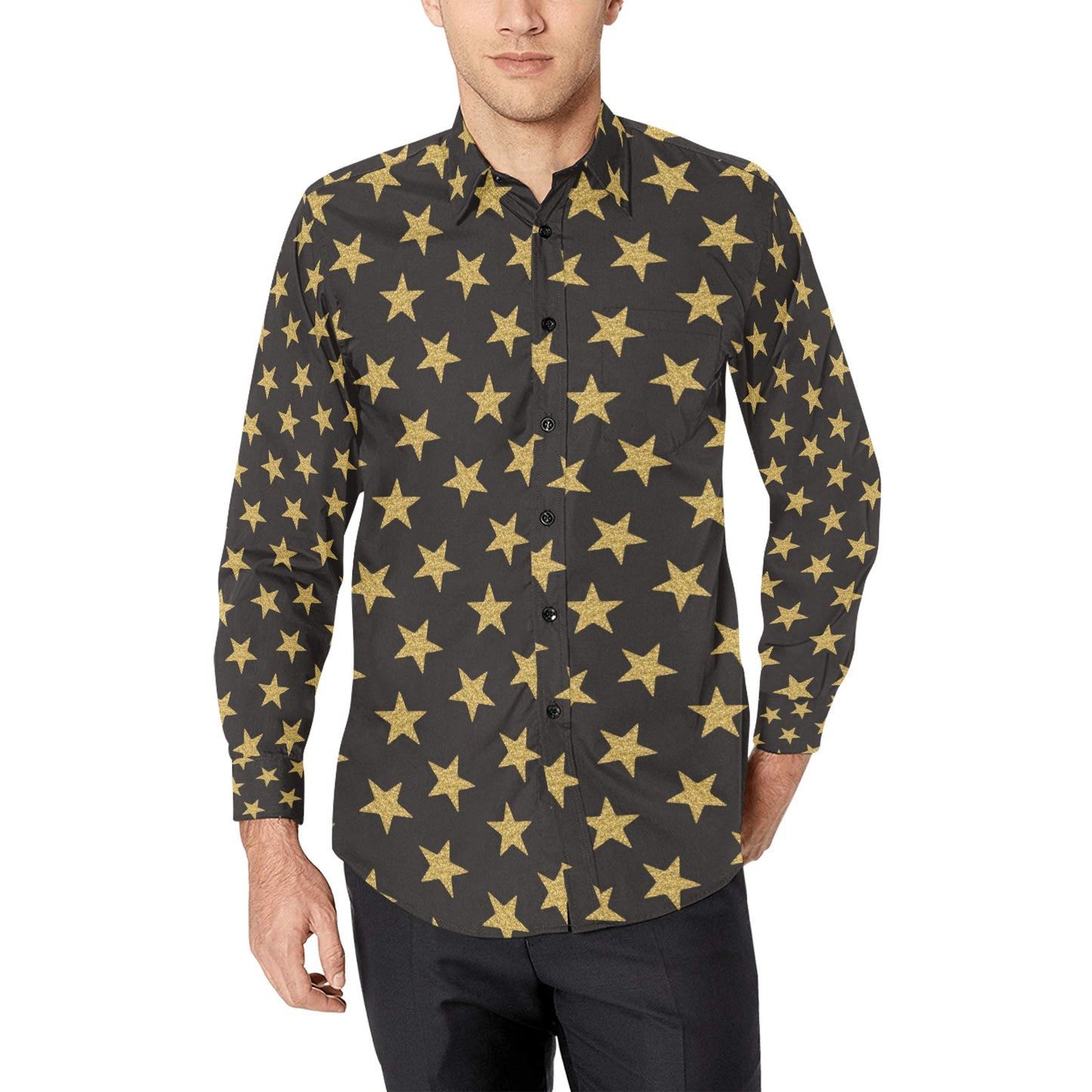 Star Gold Print Design LKS302 Men's Long Sleeve Dress Shirt