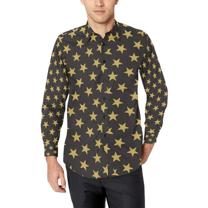 Star Gold Print Design LKS302 Men's Long Sleeve Dress Shirt