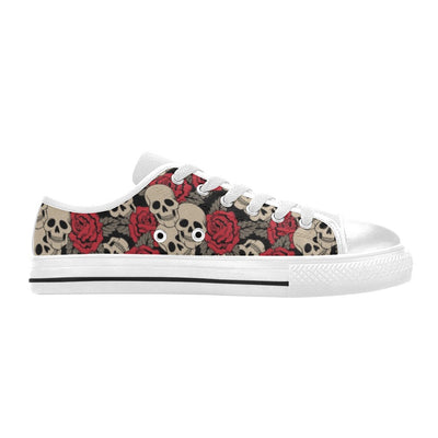 Skull And Roses Print Design LKS301 Women's White Low Top Shoes