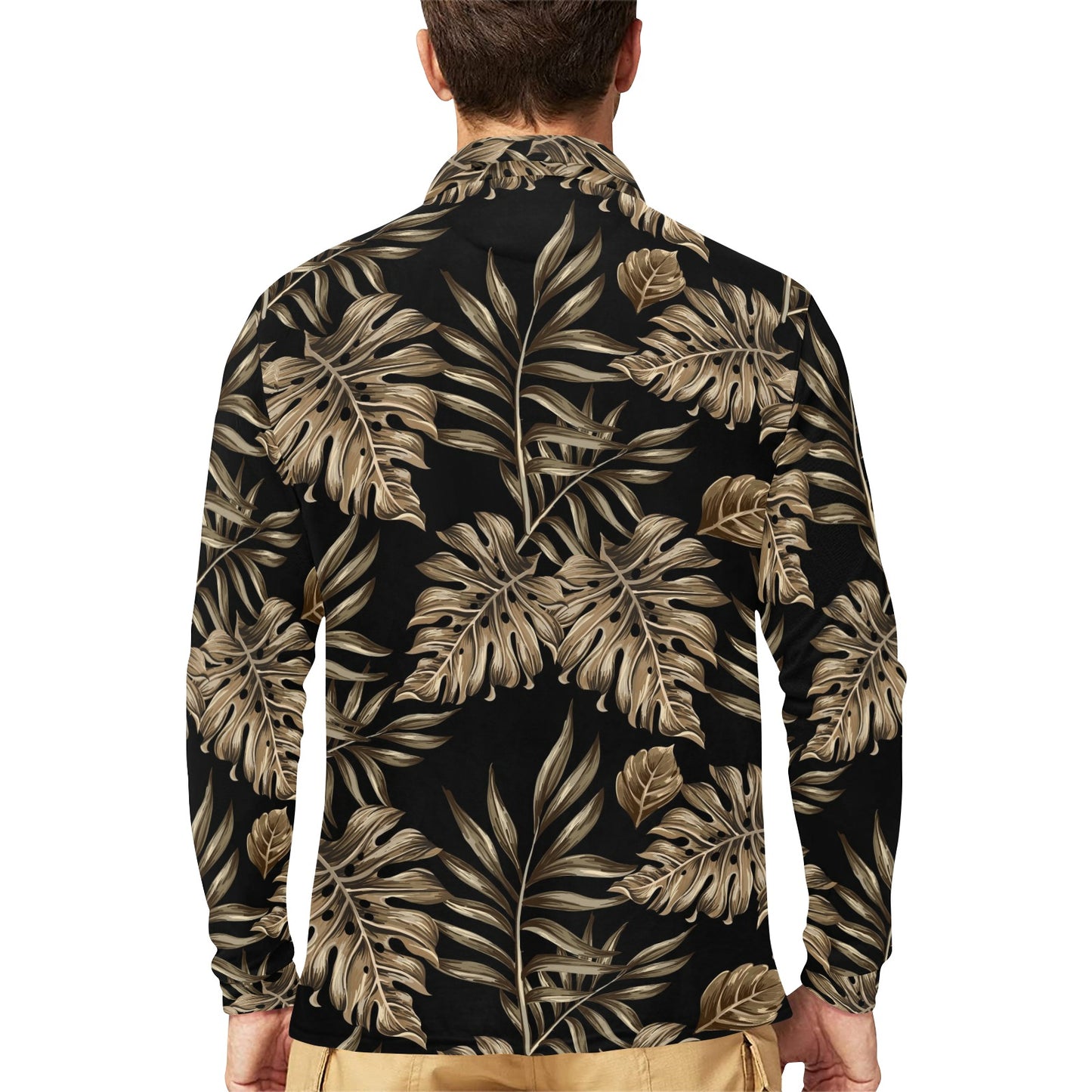 Brown Tropical Palm Leaves Long Sleeve Polo Shirt For Men's