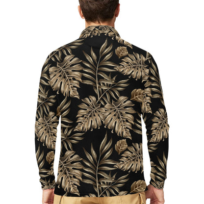 Brown Tropical Palm Leaves Long Sleeve Polo Shirt For Men's