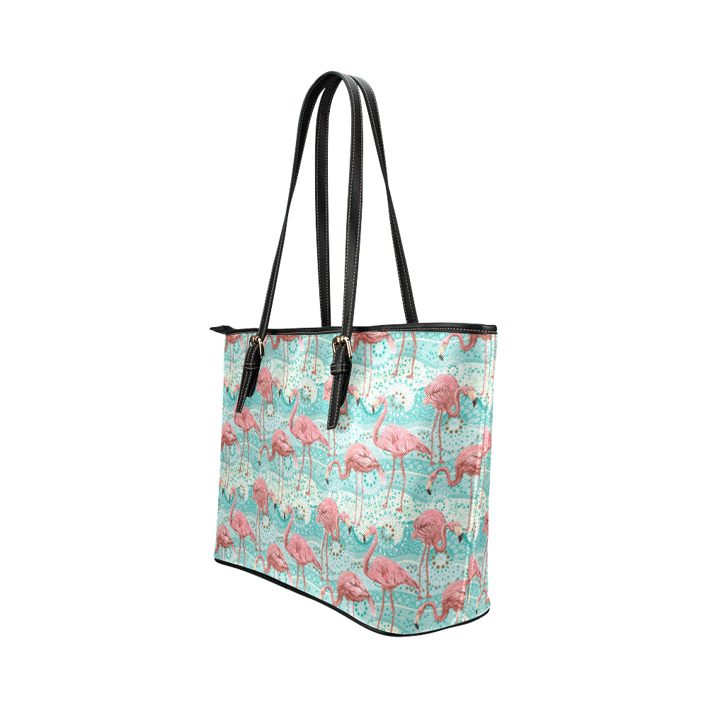Flamingo Background Themed Print Leather Tote Bag