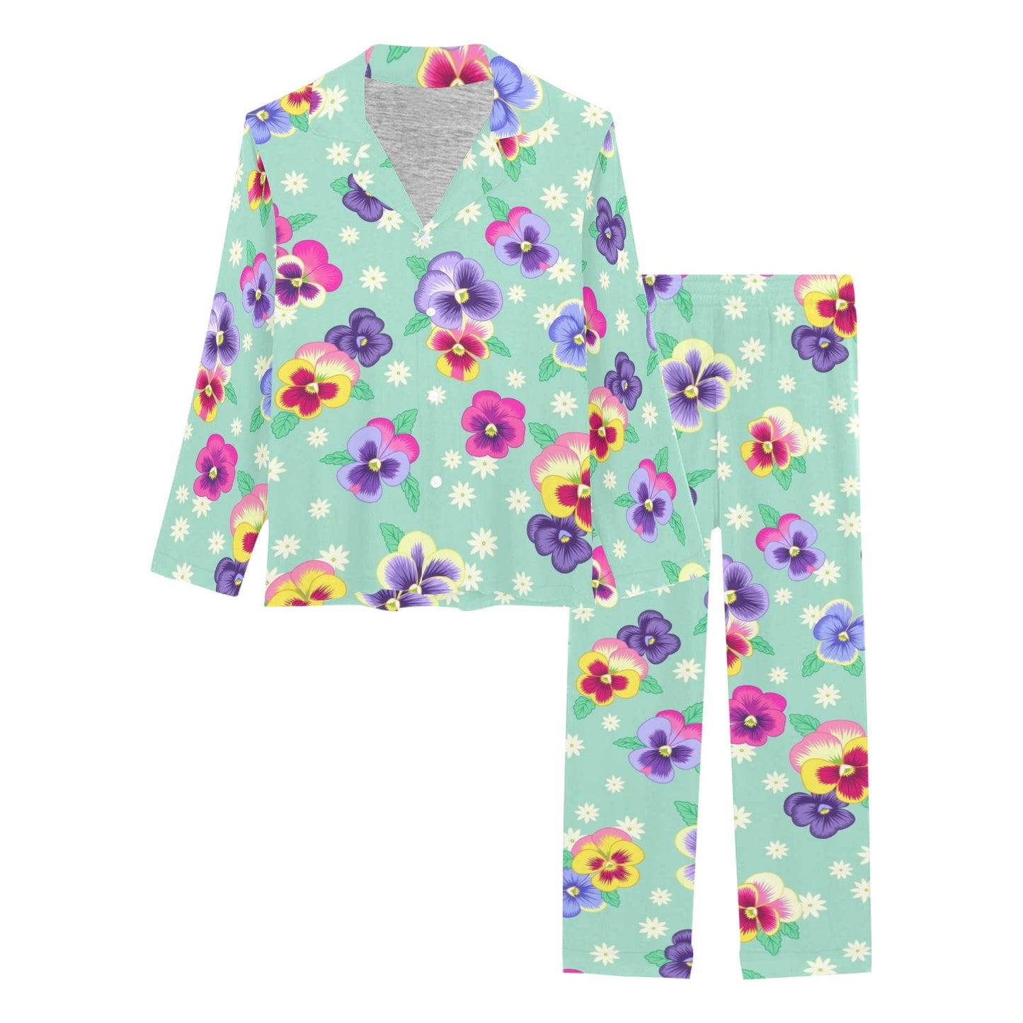 Pansy Pattern Print Design PS08 Women's Long Pajama Set