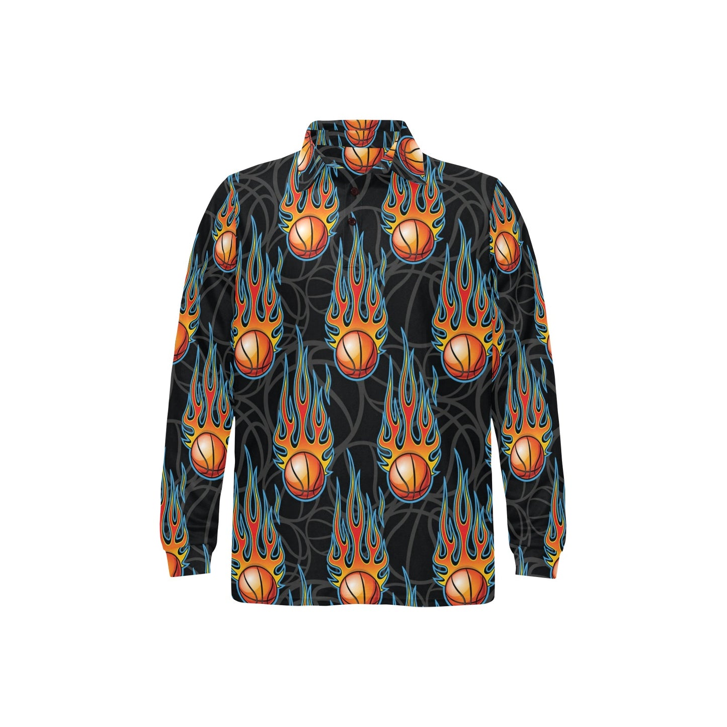 Basketball Fire Print Pattern Long Sleeve Polo Shirt For Men's