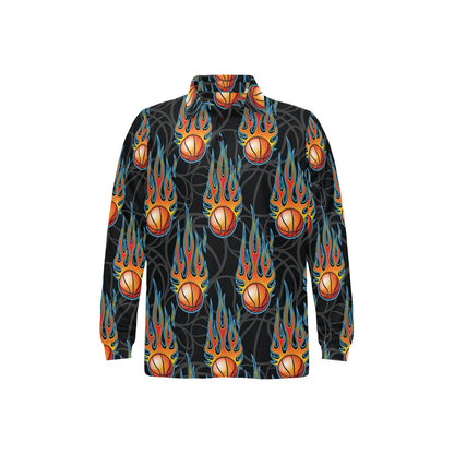 Basketball Fire Print Pattern Long Sleeve Polo Shirt For Men's