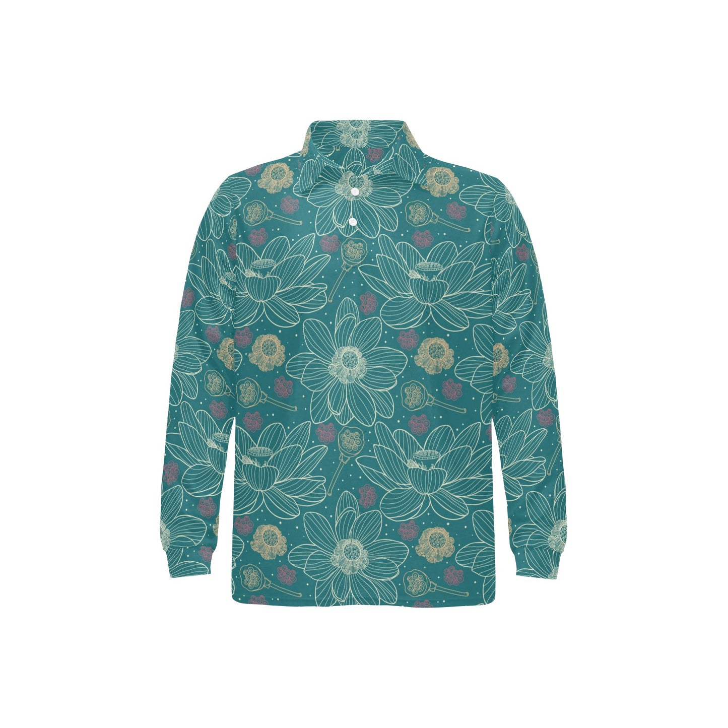 Lotus Pattern Print Design 01 Long Sleeve Polo Shirt For Men's