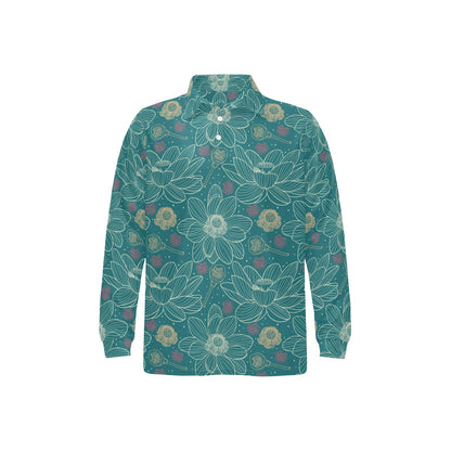 Lotus Pattern Print Design 01 Long Sleeve Polo Shirt For Men's
