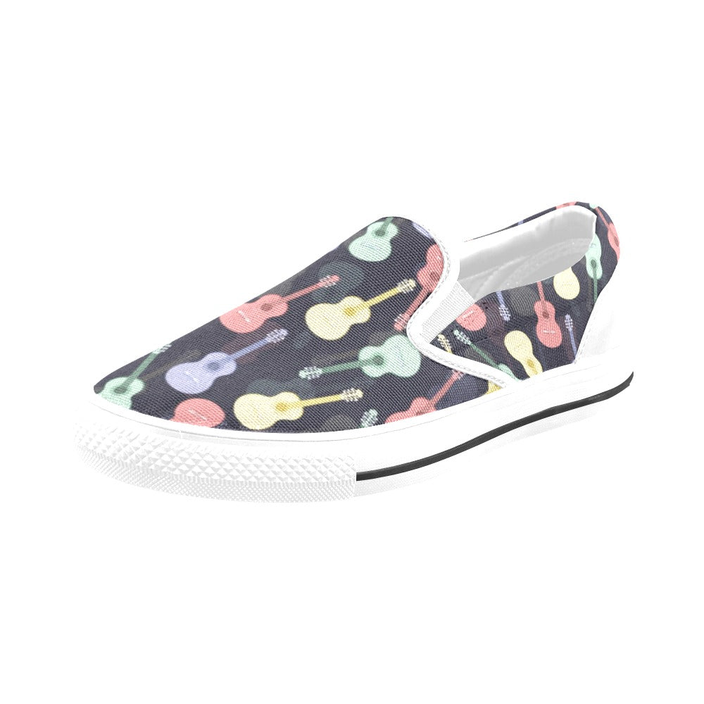 Acoustic Guitar Print Design LKS401 White Slip Ons Canvas Women's Shoes