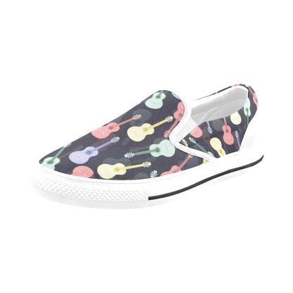 Acoustic Guitar Print Design LKS401 White Slip Ons Canvas Women's Shoes