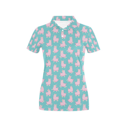 Alpaca Cartoon Design Themed Print Women's Polo Shirt