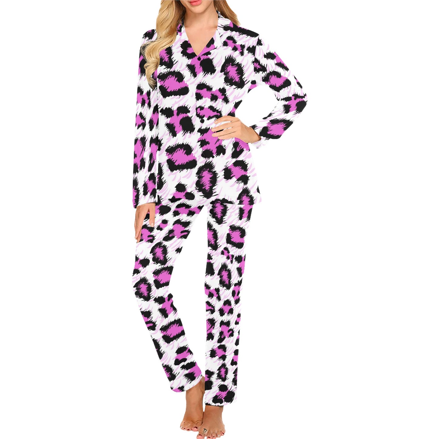 Leopard Pink Skin Print Women's Long Pajama Set