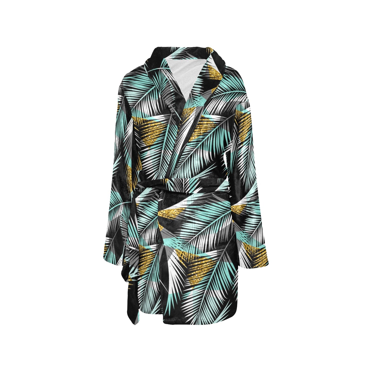 Gold Glitter Cyan Tropical Palm Leaves Women's Fleece Robe
