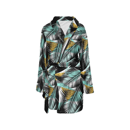 Gold Glitter Cyan Tropical Palm Leaves Women's Fleece Robe
