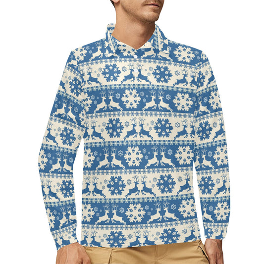 Reindeer Print Design LKS401 Long Sleeve Polo Shirt For Men's