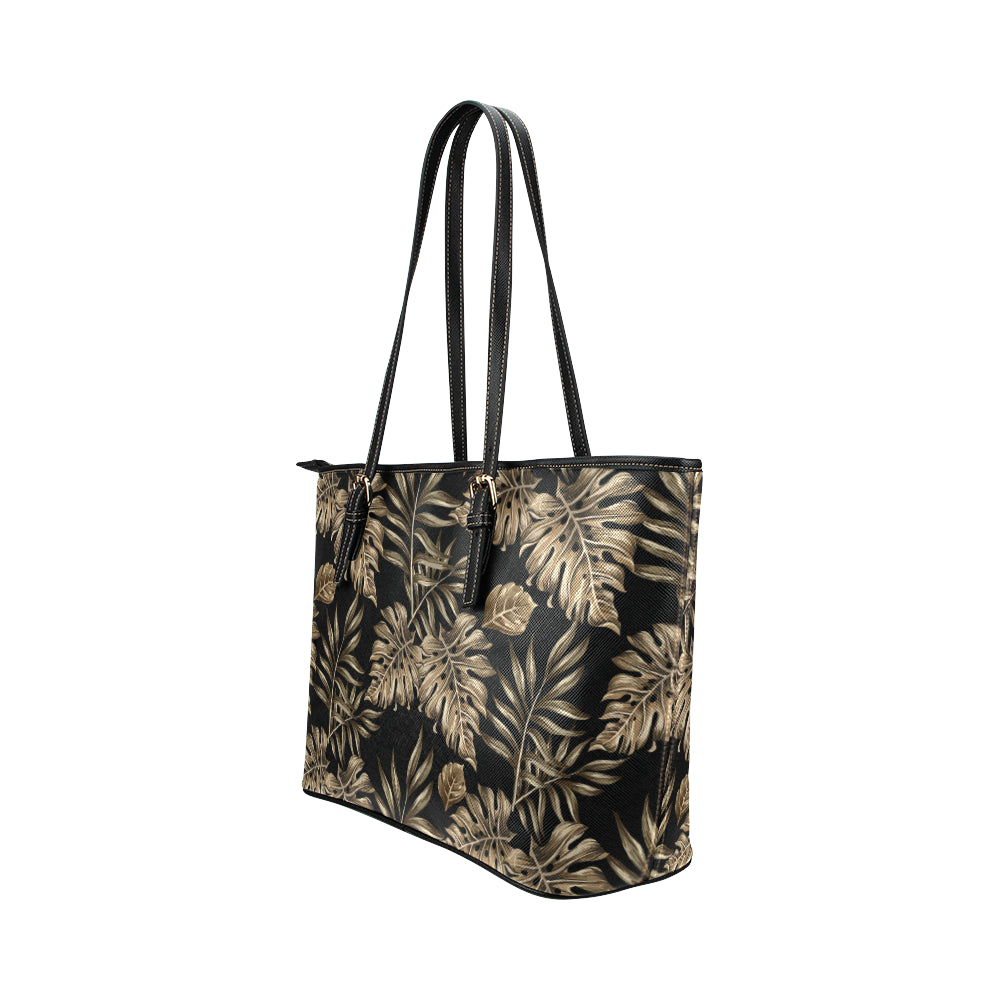 Brown Tropical Palm Leaves Leather Tote Bag