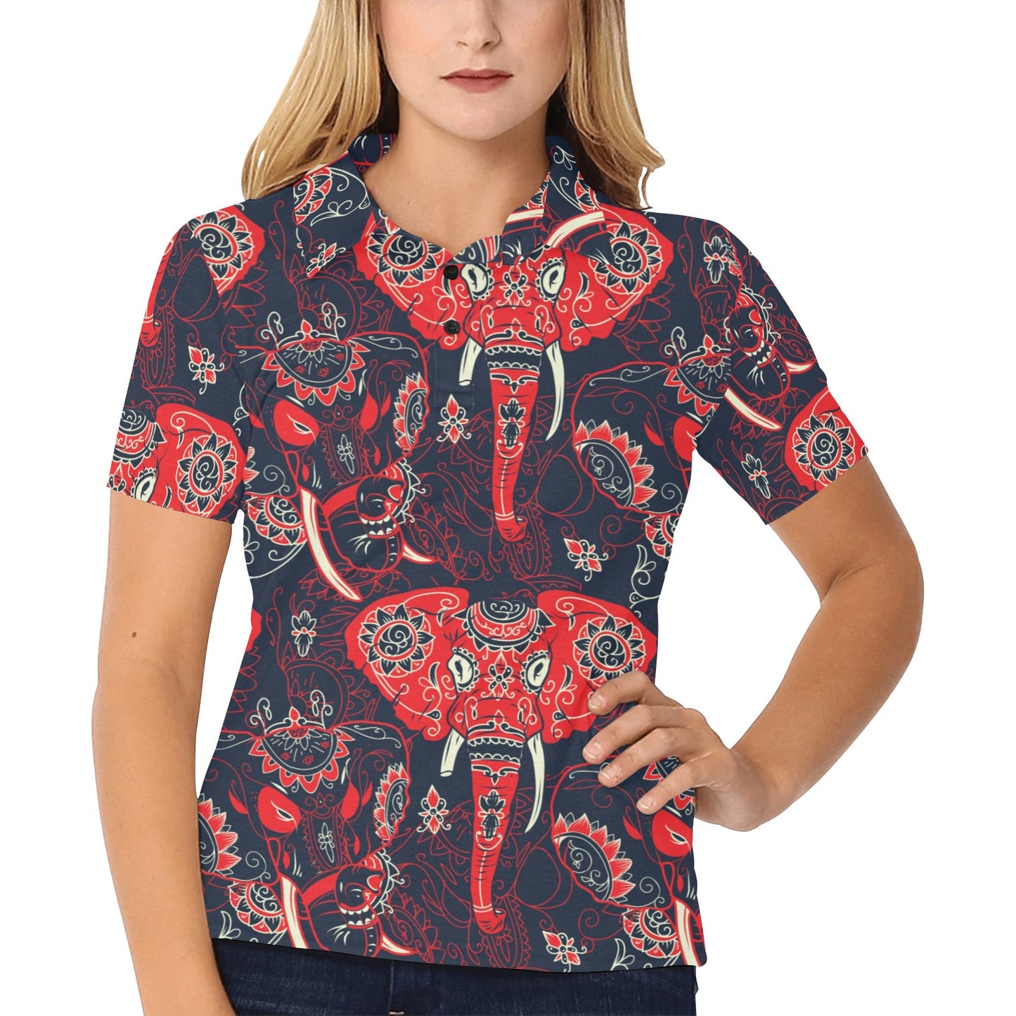 Red Indian Elephant Pattern Women's Polo Shirt