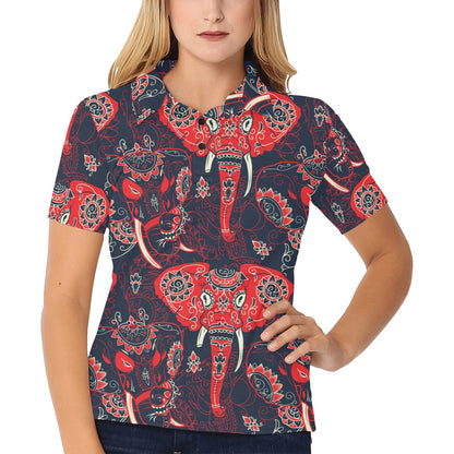Red Indian Elephant Pattern Women's Polo Shirt