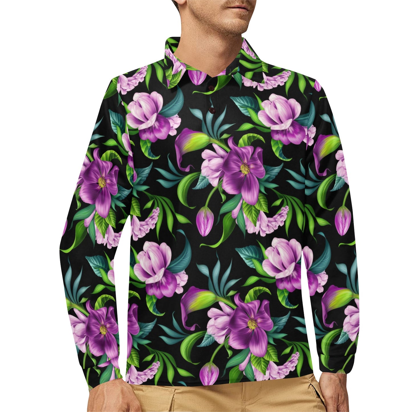 Bright Purple Floral Pattern Long Sleeve Polo Shirt For Men's