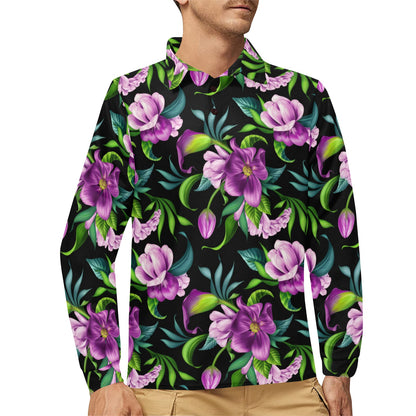 Bright Purple Floral Pattern Long Sleeve Polo Shirt For Men's