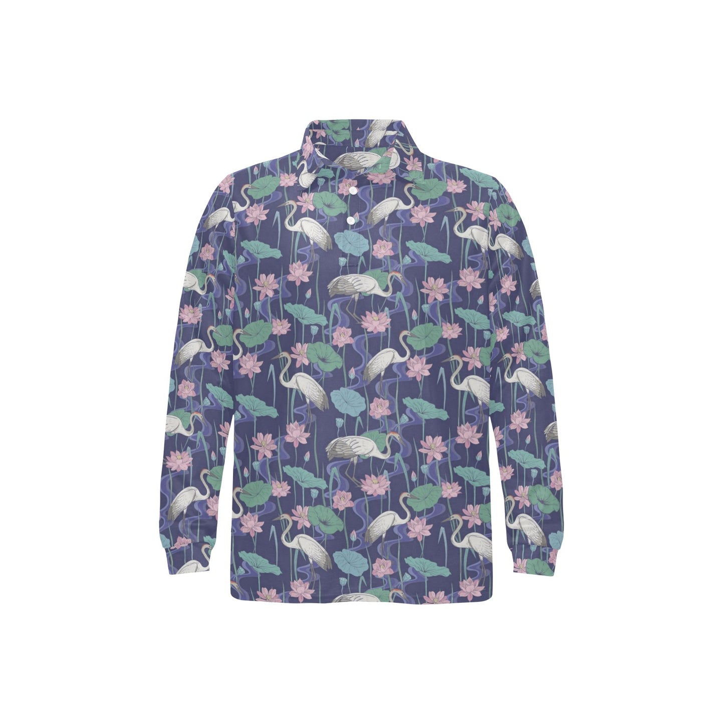 Water Lily Print Design LKS306 Long Sleeve Polo Shirt For Men's