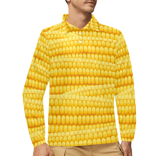 Agricultural Corn cob Pattern Long Sleeve Polo Shirt For Men's