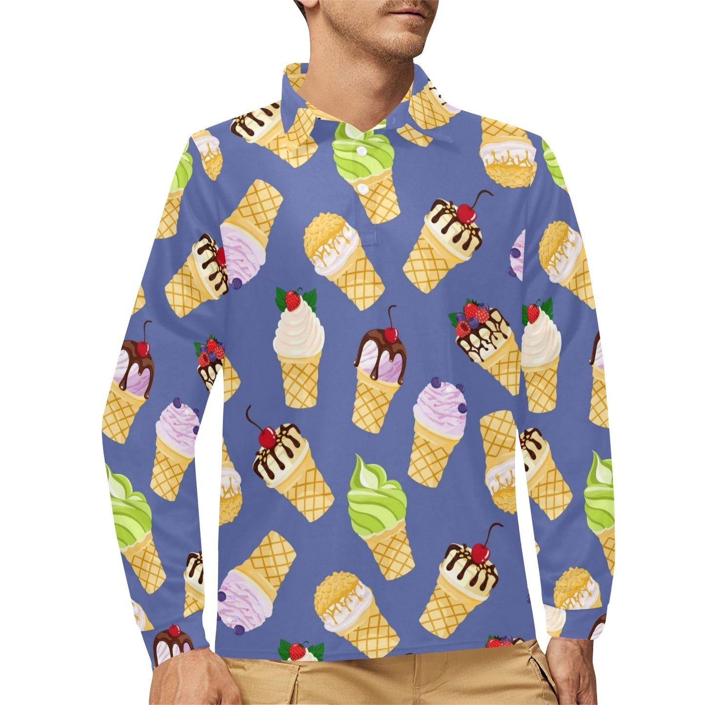 Ice Cream Pattern Print Design IC03 Long Sleeve Polo Shirt For Men's