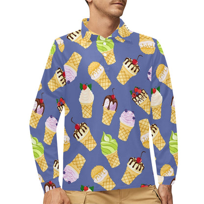 Ice Cream Pattern Print Design IC03 Long Sleeve Polo Shirt For Men's