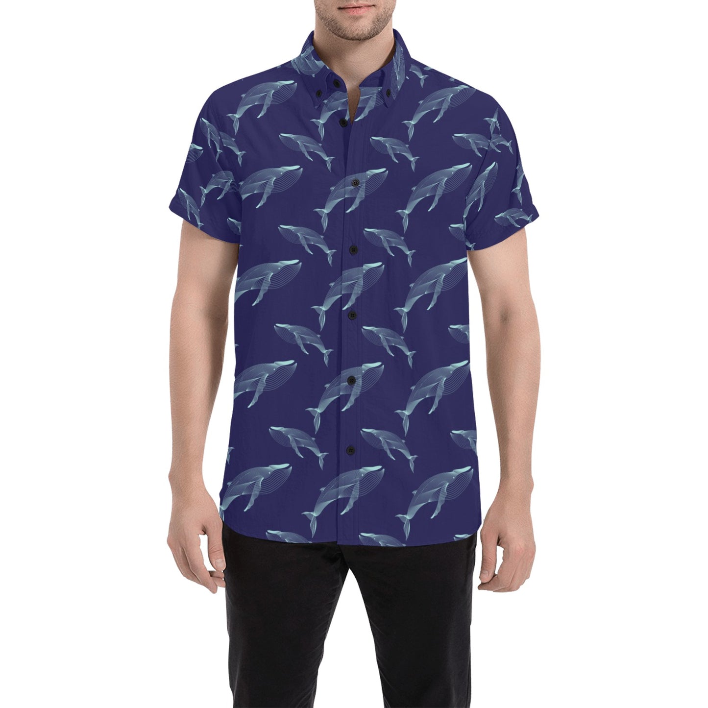 Blue Whale Print Design LKS402 Men Short Sleeve Button Up Shirt