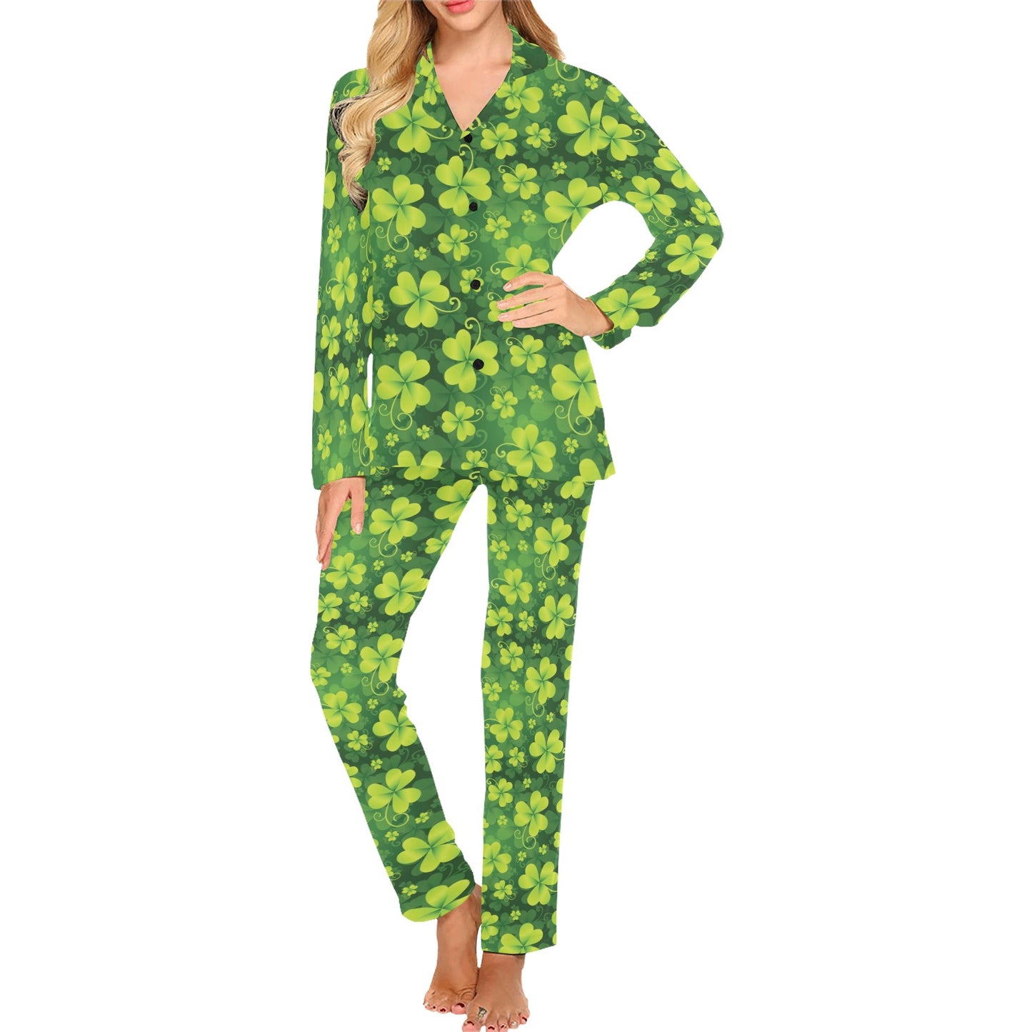 Shamrock Clover Print Women's Long Pajama Set