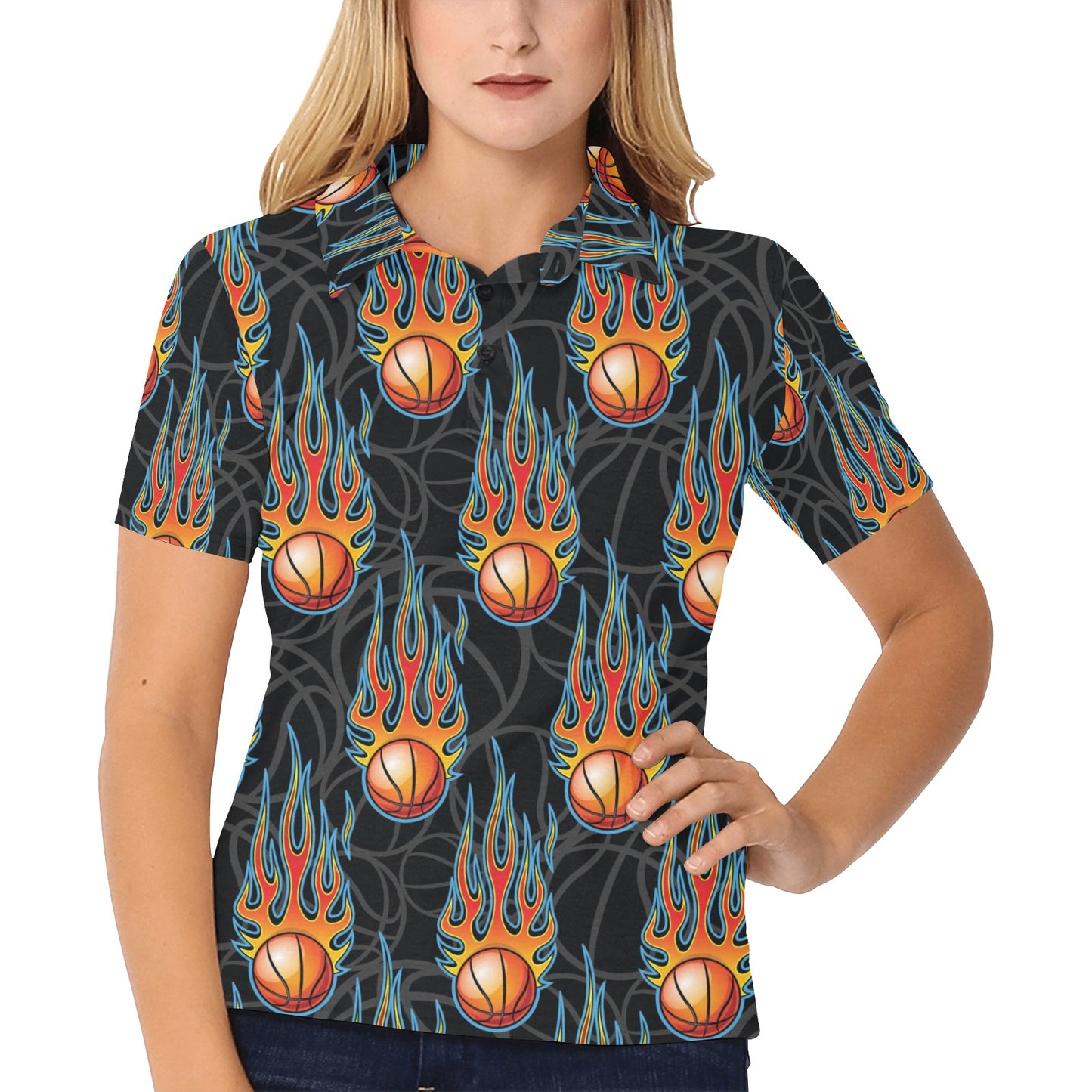 Basketball Fire Print Pattern Women's Polo Shirt