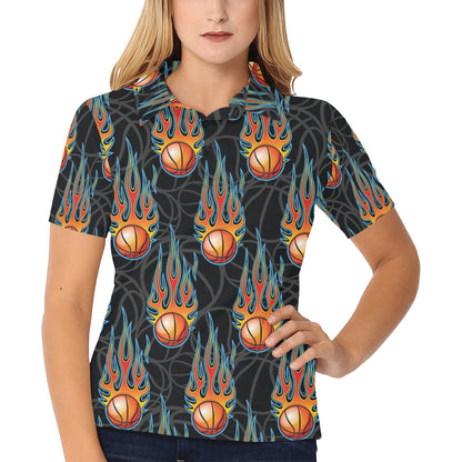 Basketball Fire Print Pattern Women's Polo Shirt