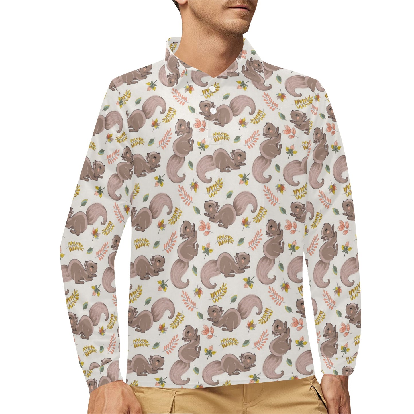 Squirrel Print Design LKS307 Long Sleeve Polo Shirt For Men's