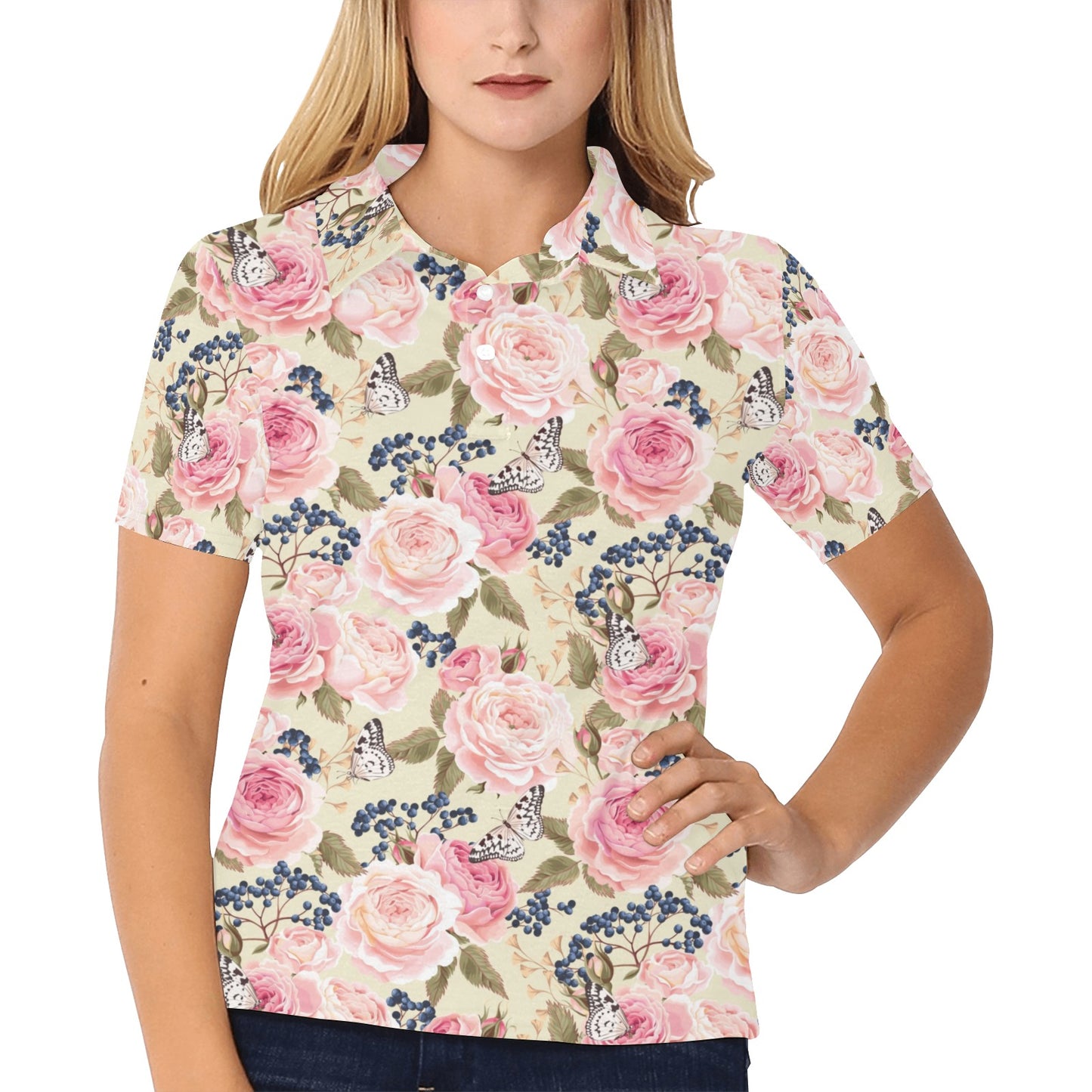 Floral Pink Butterfly Print Women's Polo Shirt