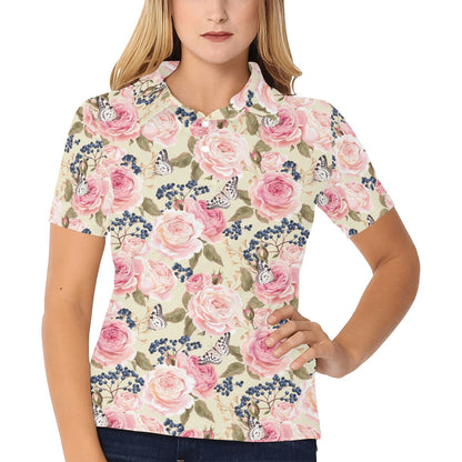 Floral Pink Butterfly Print Women's Polo Shirt