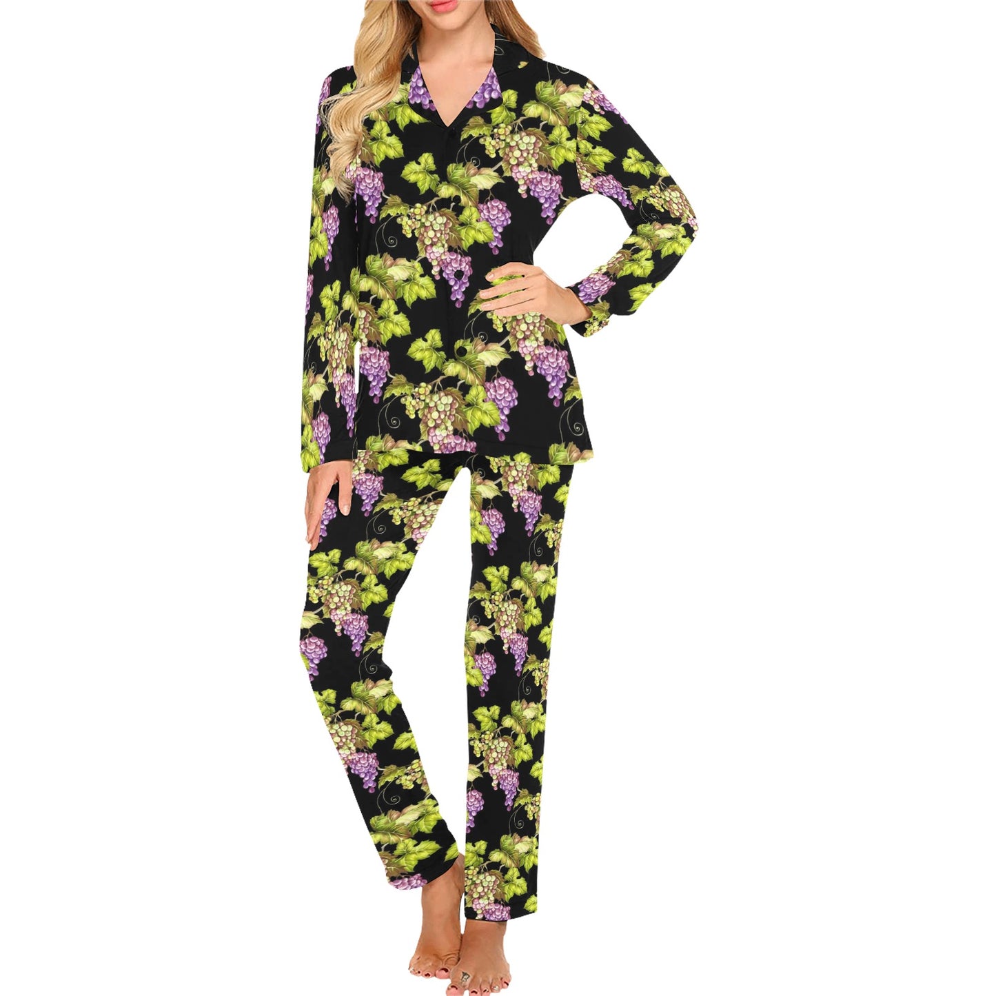 Grape Pattern Print Design GP04 Women's Long Pajama Set