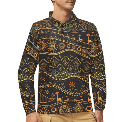 Gold African Design Long Sleeve Polo Shirt For Men's